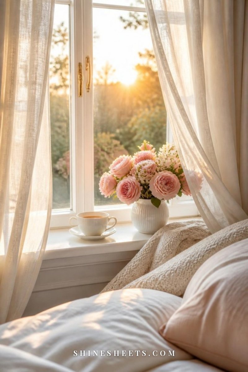 Sheer cream curtains pulled open to bright morning sunlight with a cup of tea on a linen-covered windowsill