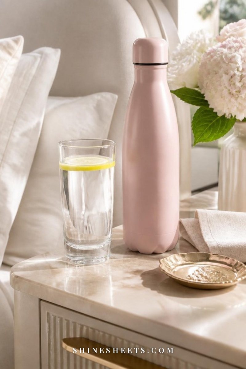 A tall glass of water and a pastel pink insulated water bottle on a cream marble nightstand in soft morning light