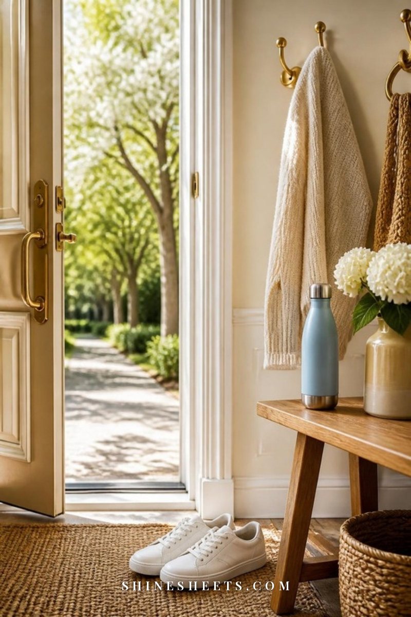White women's sneakers, a cream cardigan and a pastel water bottle by a sunny front door ready for an afternoon walk