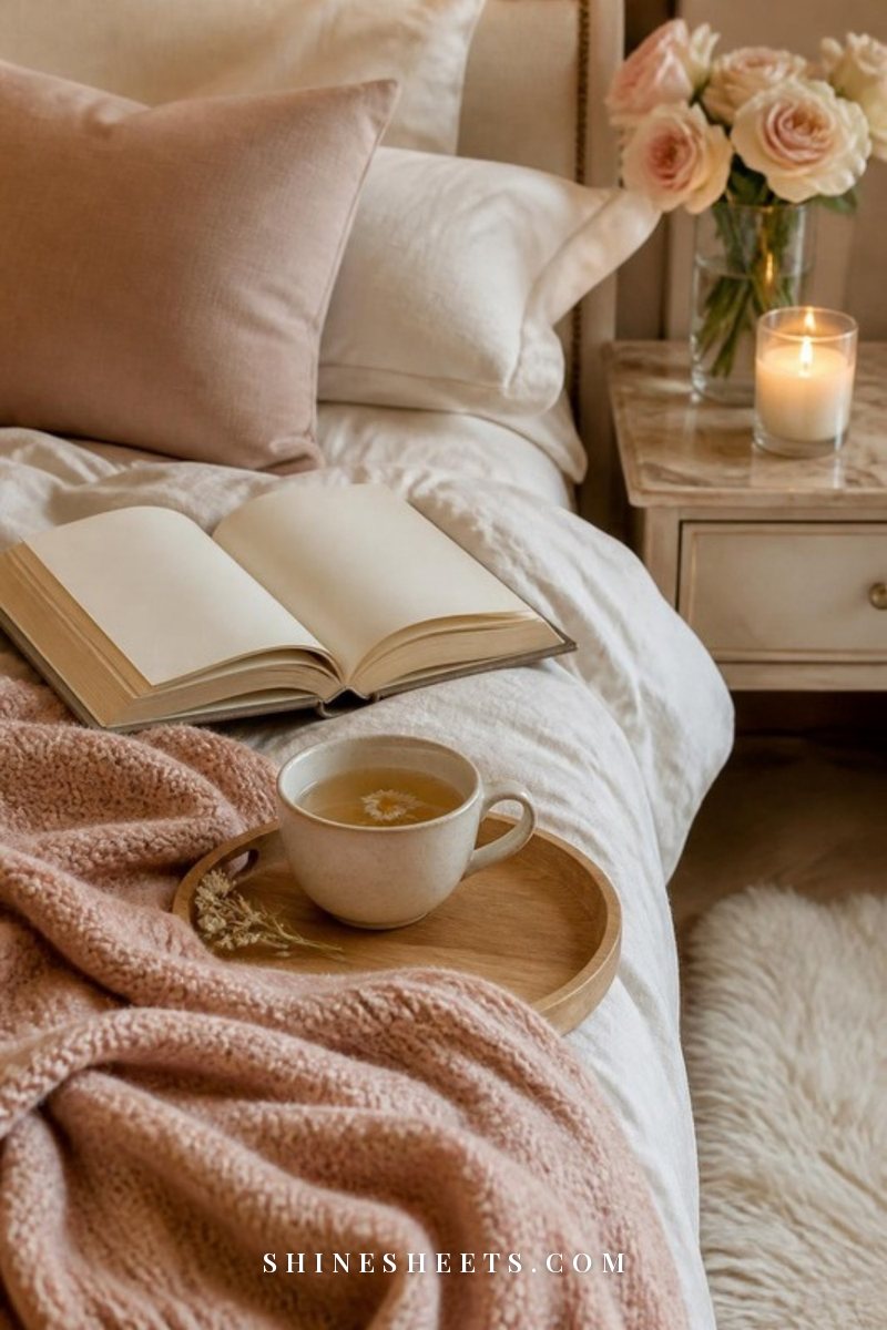 Open hardcover book and a cup of herbal tea on a white linen bed with a lit glass candle on the nightstand