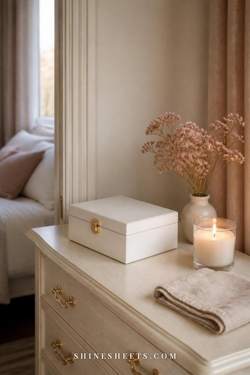 White phone lock box with its lid closed on a cream dresser beside a glass candle and dried flowers