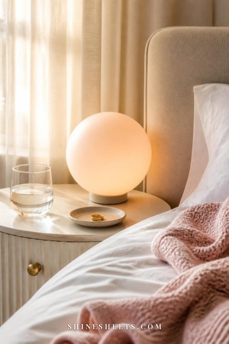 White sunrise lamp glowing softly on a cream nightstand beside a glass of water and a folded blush throw