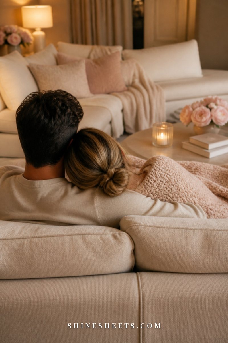 A couple seen from behind on a cozy sofa, her head resting on his shoulder, a blush blanket over their legs