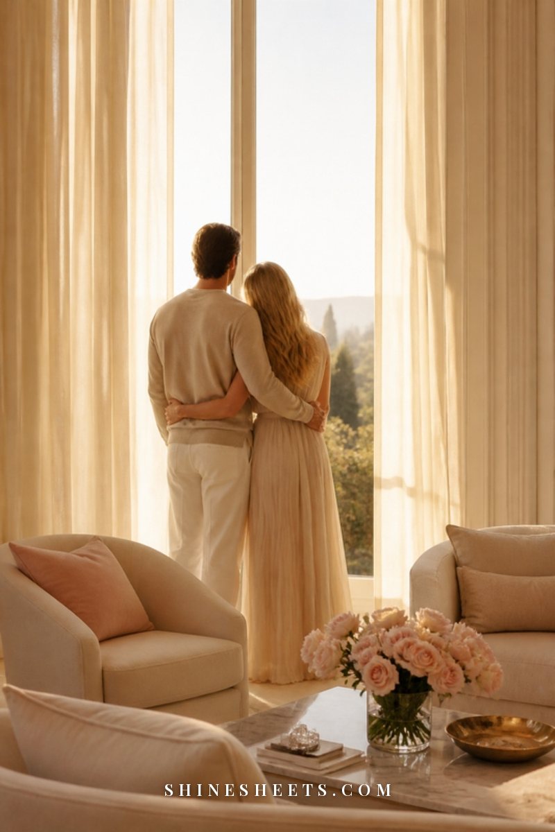 A couple seen from a distance standing together by a large sunlit window, looking out at the view
