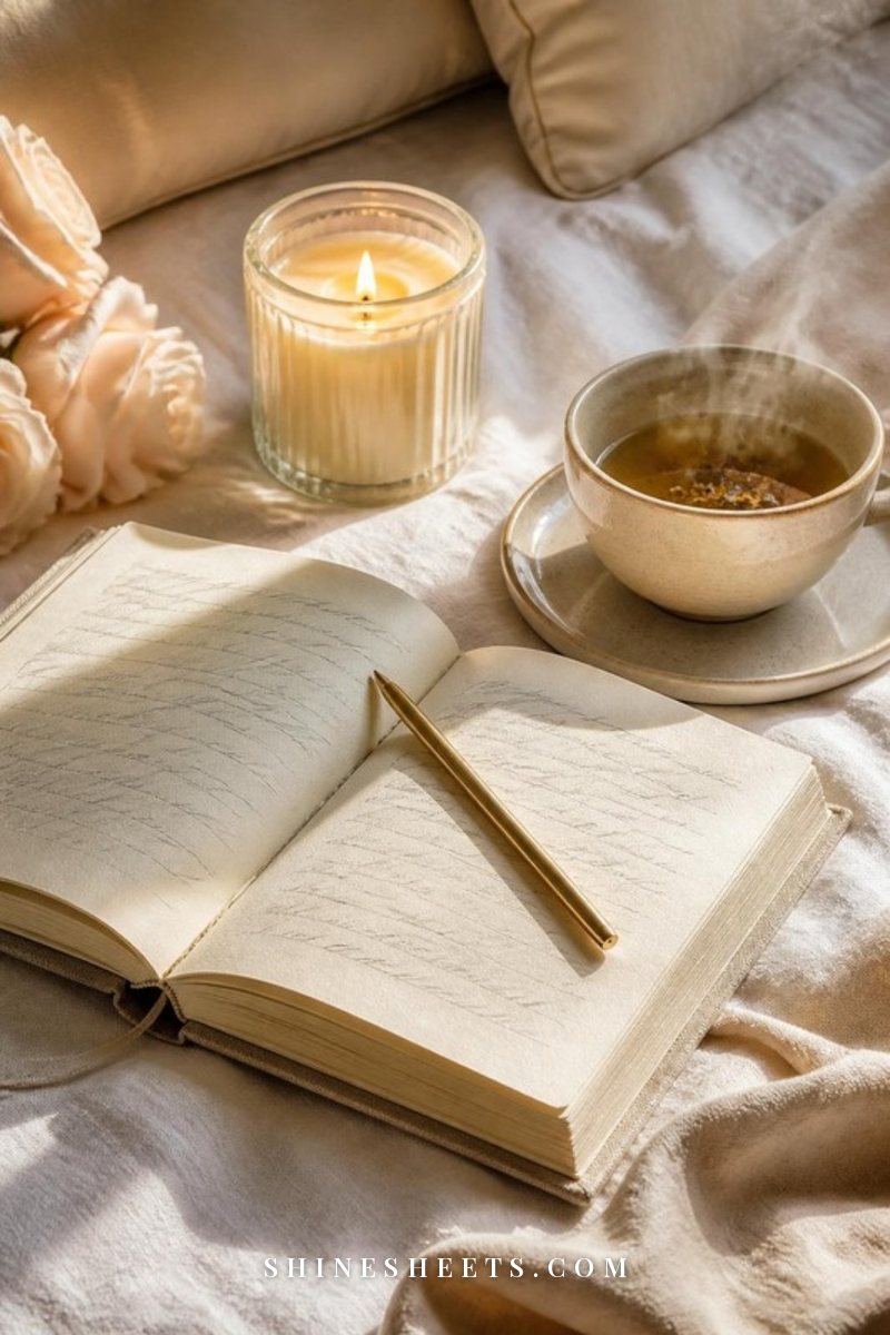 An open cream journal with soft illegible handwriting beside two gold pens and a small bouquet of blush roses