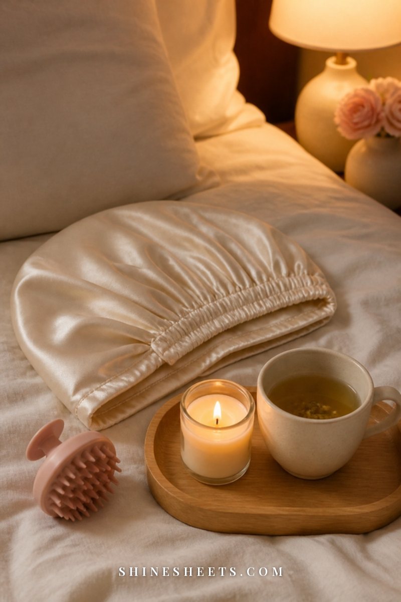 Two cups of tea and a lit glass candle on a wooden tray on a cream linen bed in the evening