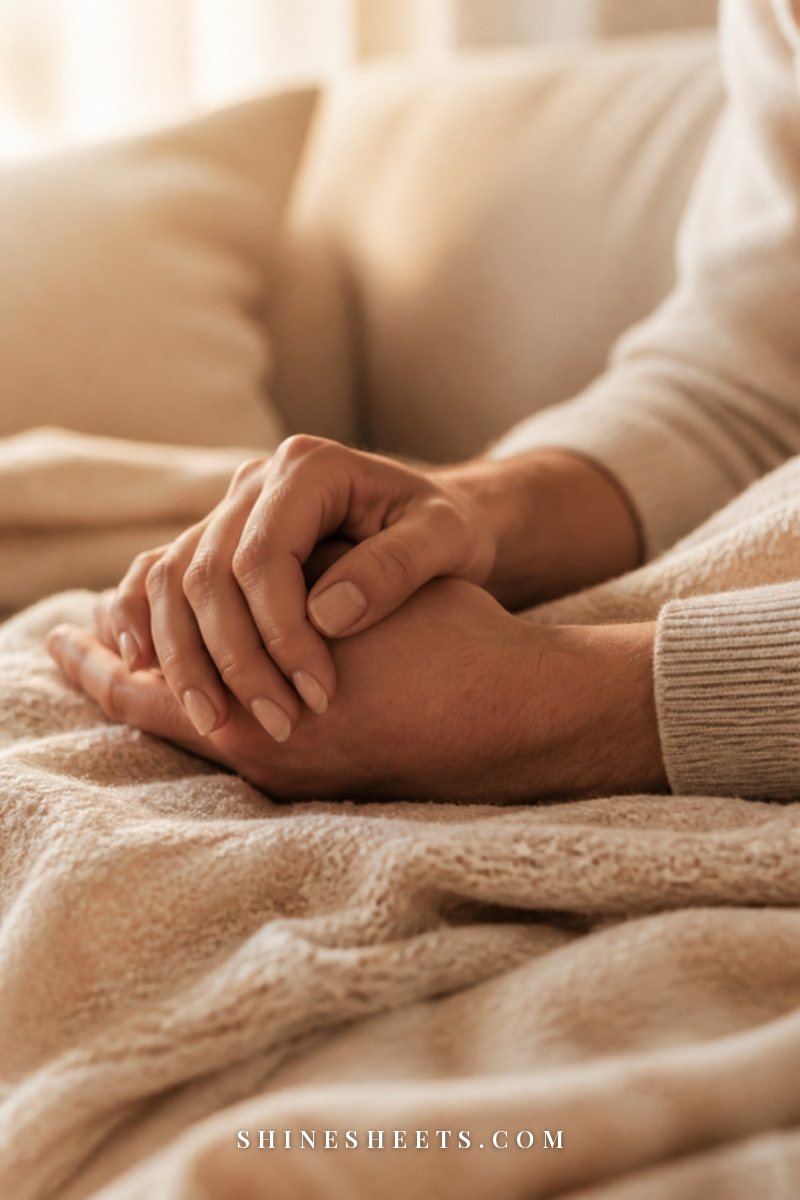 Two hands with interlaced fingers resting on a soft cream knit blanket in warm afternoon light