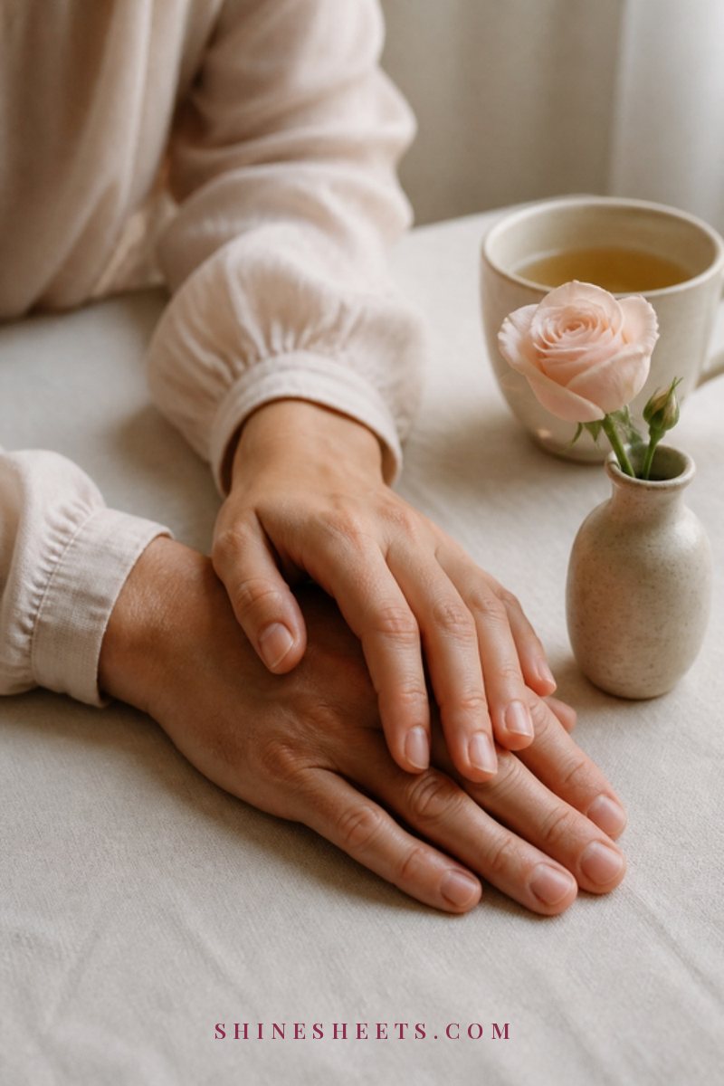 A woman's hand resting gently on her partner's hand on a cream linen tablecloth beside a cup of tea