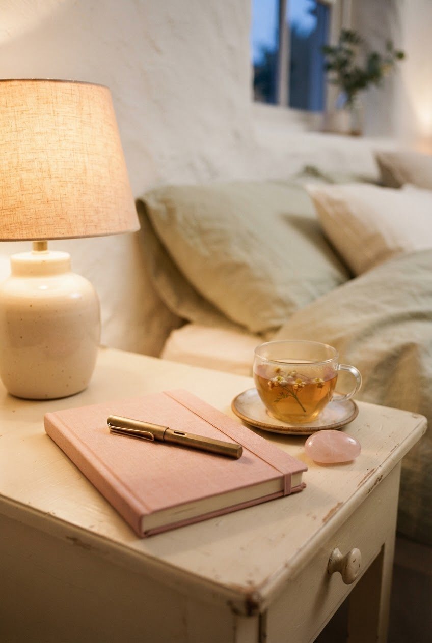 Blush journal, a pen, a smooth pink stone and a cup of chamomile tea on a cream bedside table