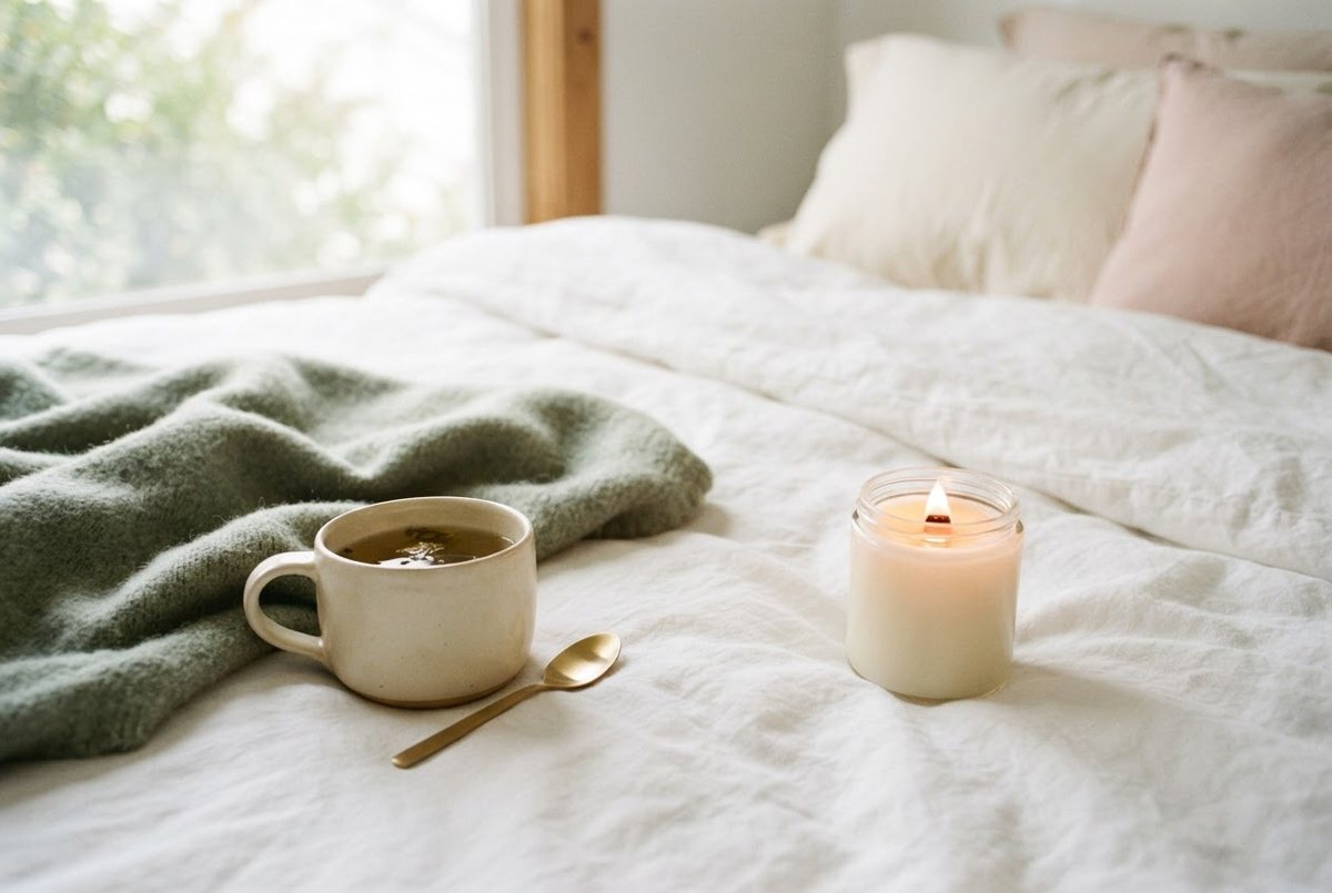 Cream ceramic mug of herbal tea, a soft sage throw and a lit glass candle on a white linen bed in calm morning light