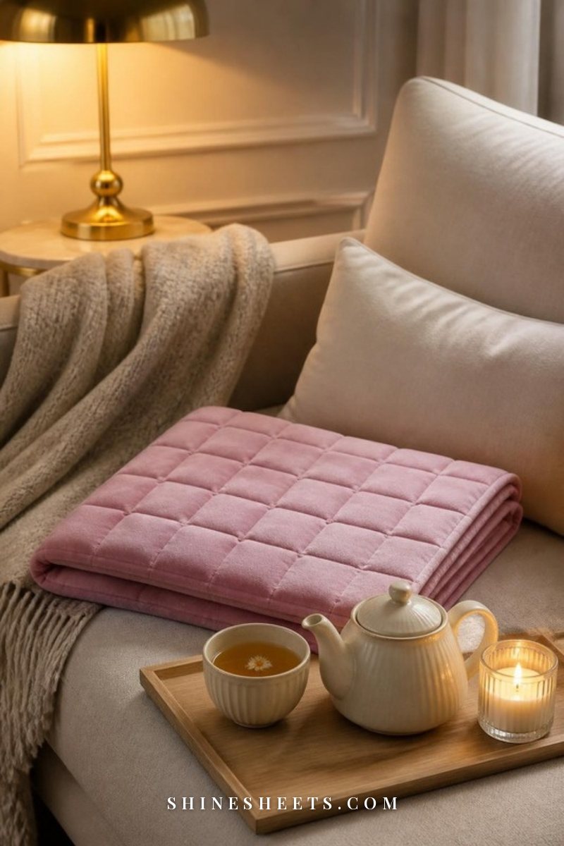 Cozy evening corner with a blush weighted lap pad, cream tea set and a lit glass candle on a linen sofa