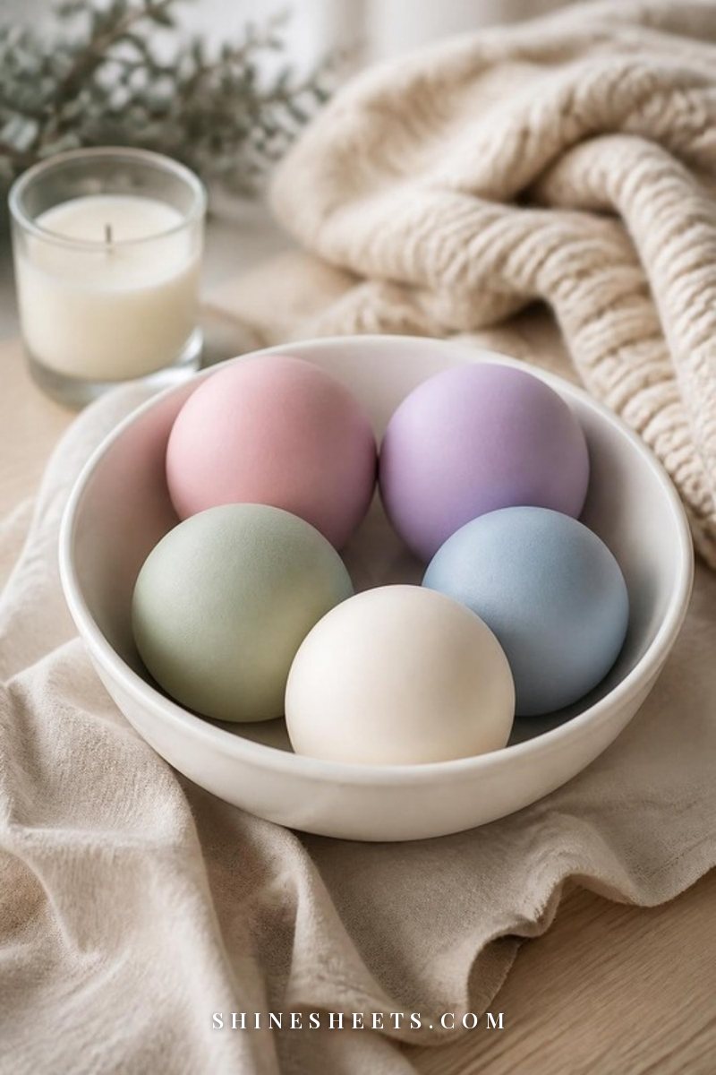 Pastel stress balls in blush, lavender, sage and cream in a white ceramic bowl on a linen-covered desk