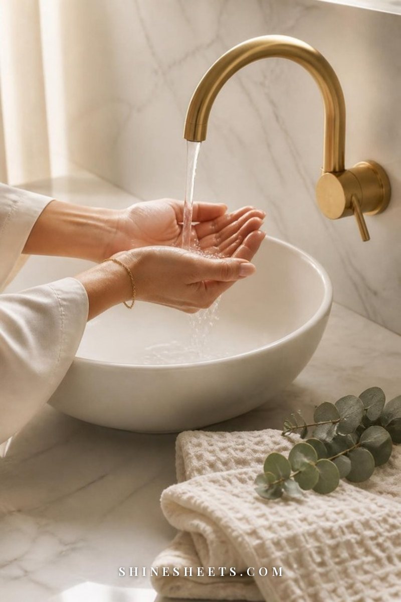 Woman's wrists under cool running water at a white ceramic sink with a folded cream towel nearby
