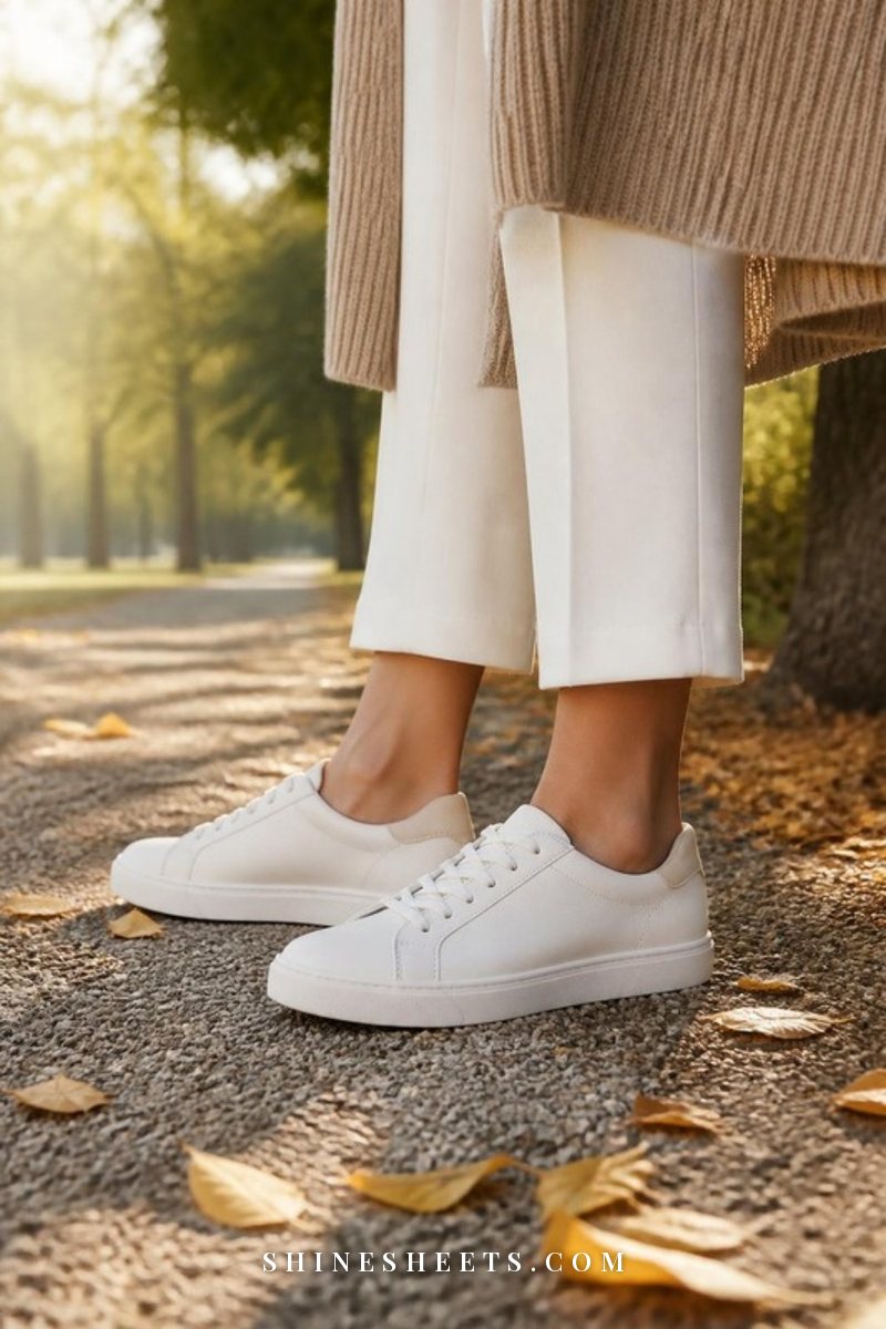 Women's cream sneakers on a leafy park path in soft morning light