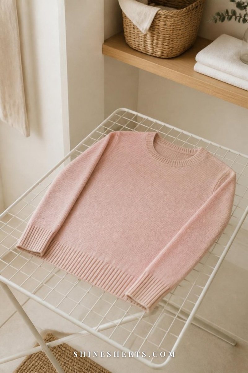 Blush pink wool sweater drying flat on a white mesh drying rack in a bright laundry room