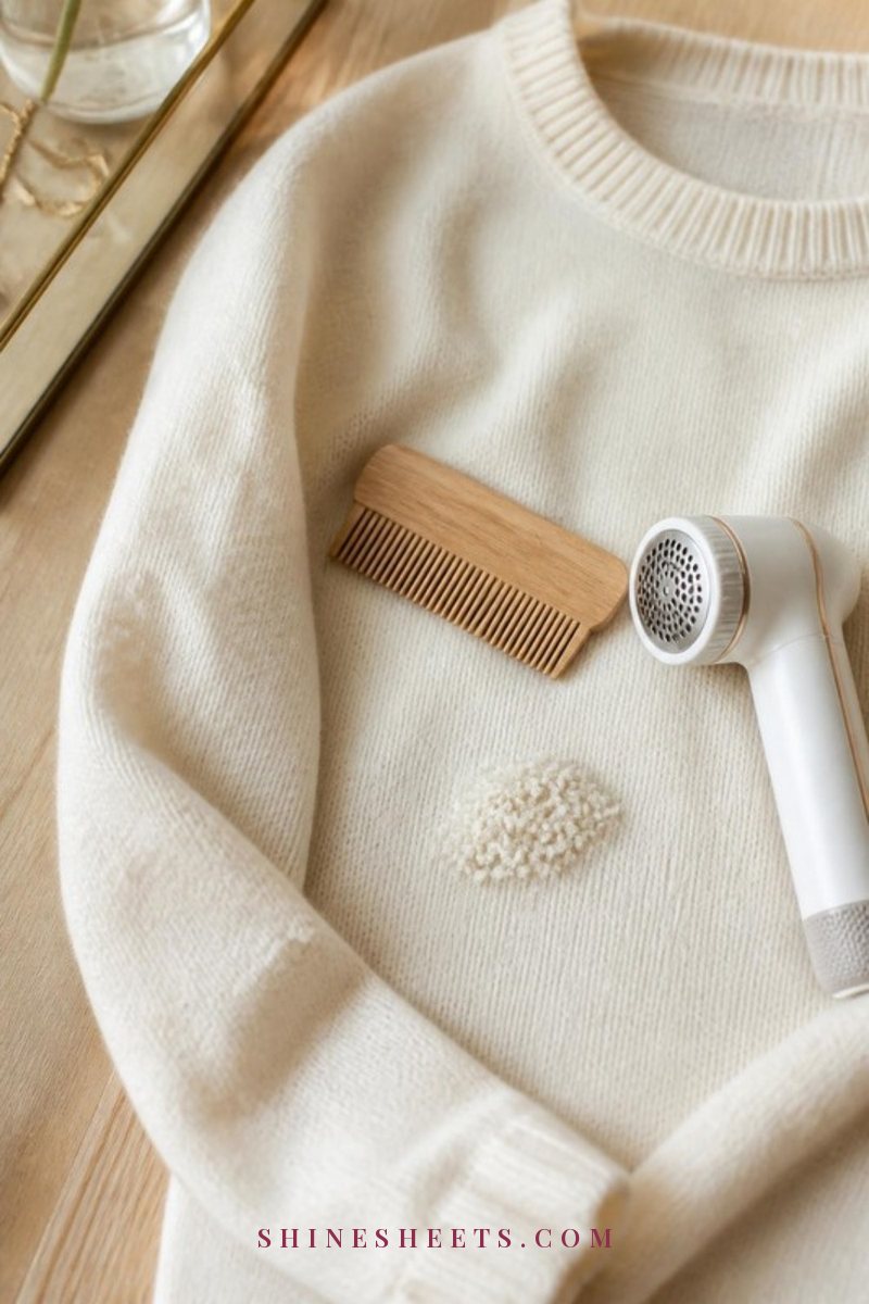 Cream cashmere sweater laid flat with a wooden cashmere comb and a white fabric shaver beside it