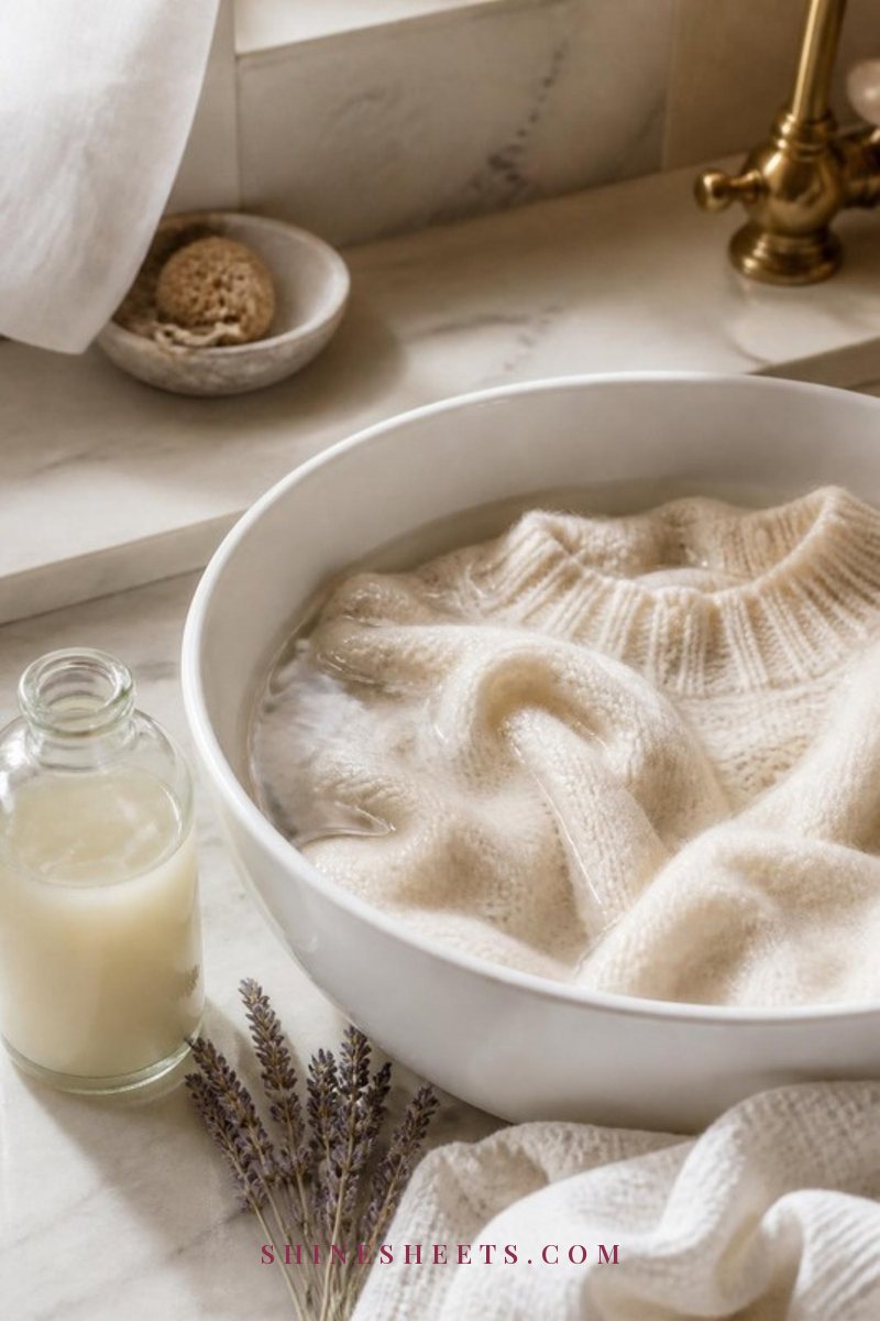 Cream cashmere sweater soaking in a white ceramic basin of cool water with a glass bottle of wool wash beside it