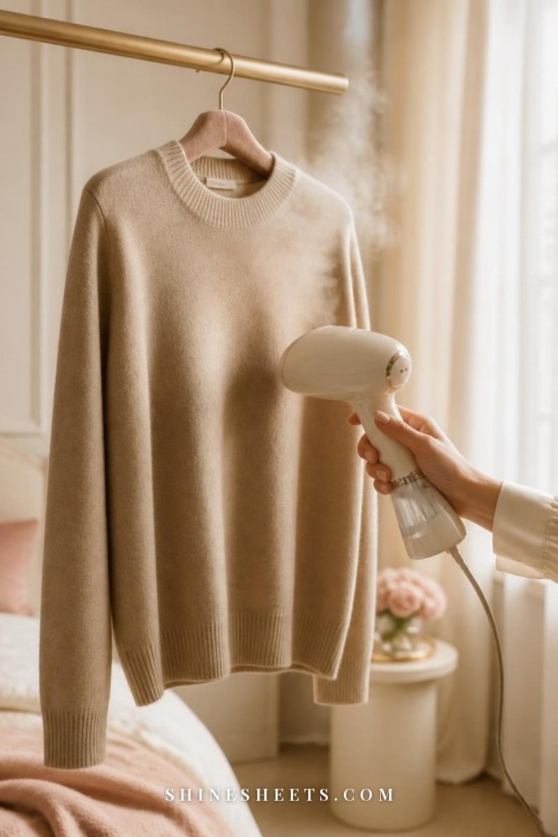 Cream handheld garment steamer gently steaming a beige wool sweater hanging on a padded hanger