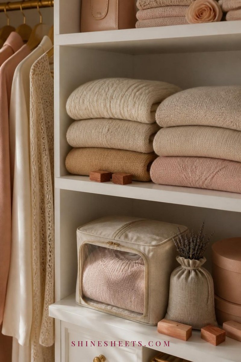 Neatly folded cream, beige and blush sweaters on a white closet shelf with cedar blocks and a breathable storage bag