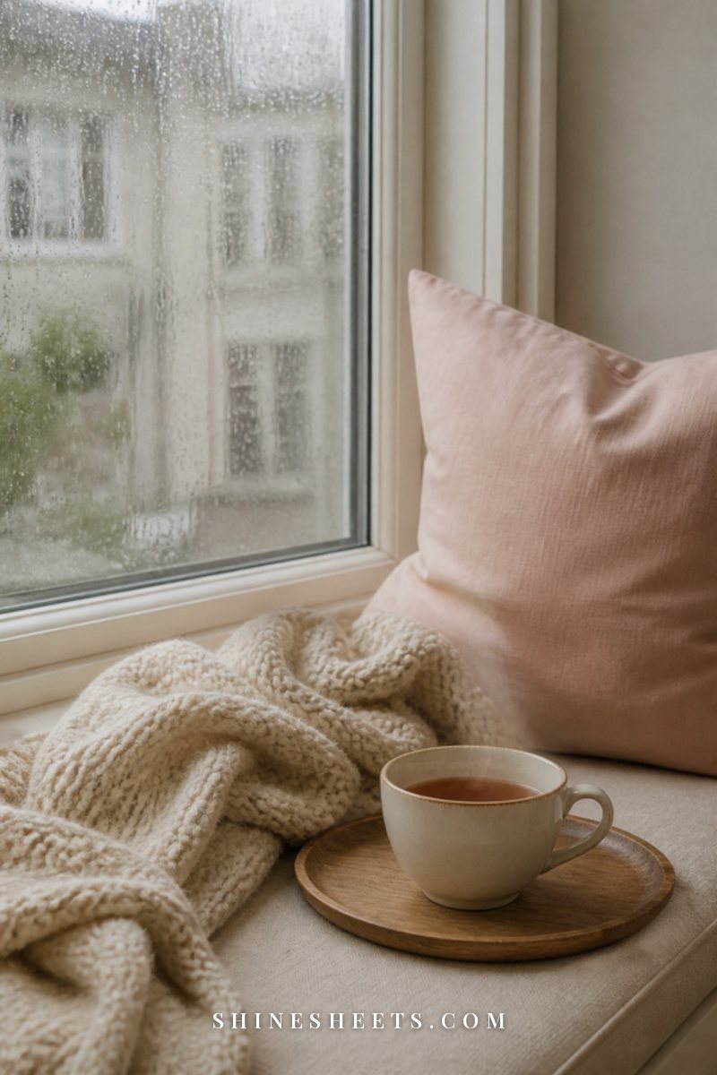 A calm window seat with soft cushions, a knit throw, a cup of tea and fresh white flowers in morning light