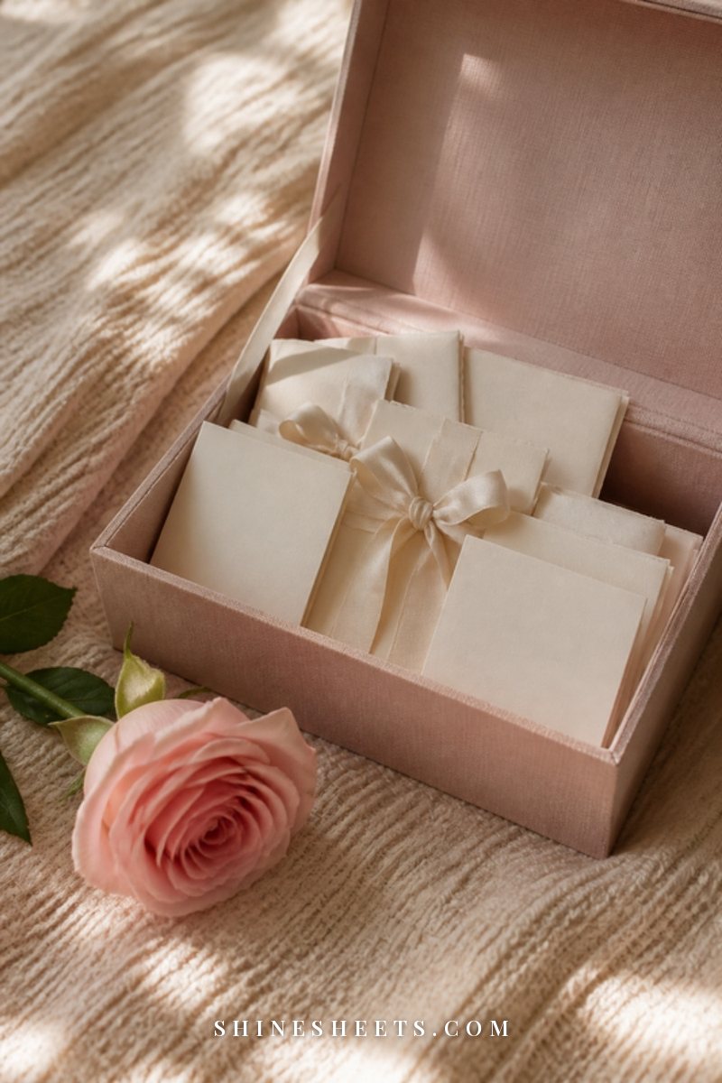 A cream gift box filled with fuzzy socks, tea, a glass candle and blank notecards, tied with a blush ribbon