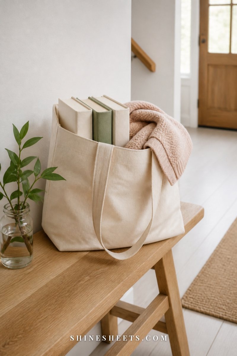 A tidy kitchen counter with a fresh bouquet of flowers in a glass vase, a linen tote bag and two clean mugs