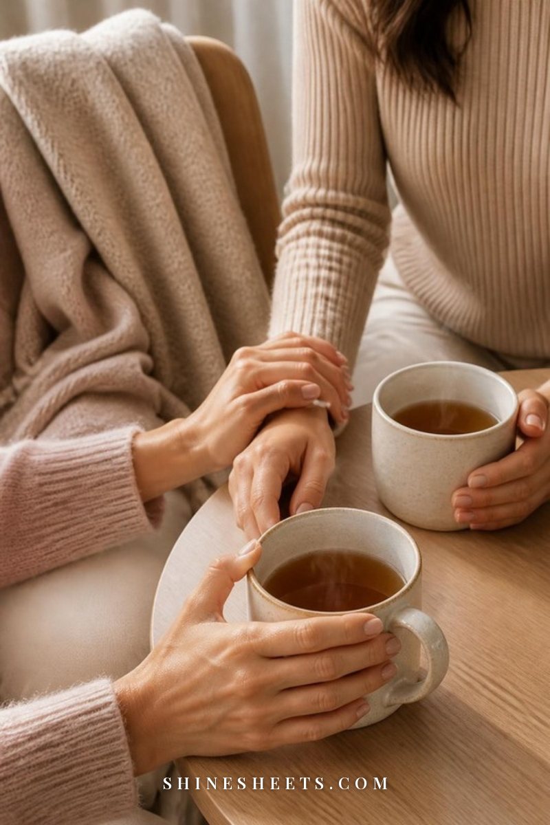 Two friends seen from behind sitting close on a cream sofa under a shared knit blanket with mugs of tea