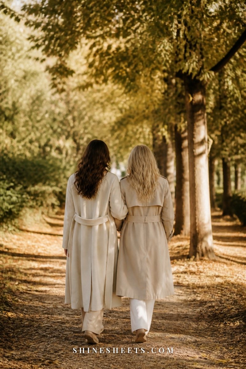 Two women seen from behind walking arm in arm along a leafy park path in soft golden light