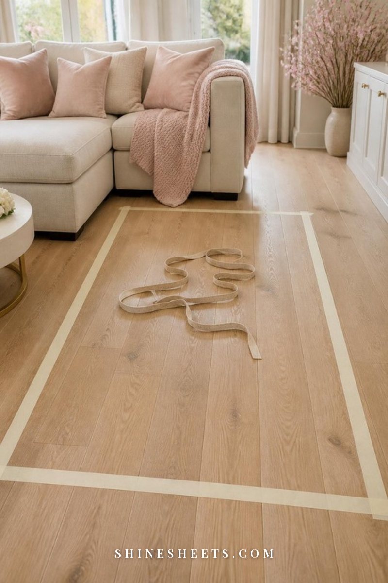 Cream painter's tape outlining a rectangle on a light oak floor in front of a beige linen sofa, with a soft tape measure