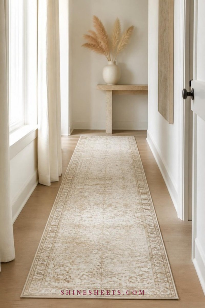 Long beige runner rug with a soft cream pattern down a light hallway with white walls and oak floors