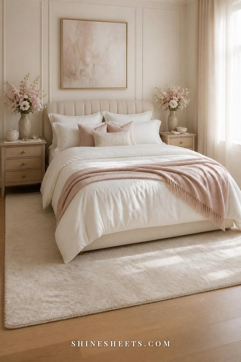 Queen bed with white linen bedding and a blush throw over a cream rug placed sideways, extending generously on both sides of the bed