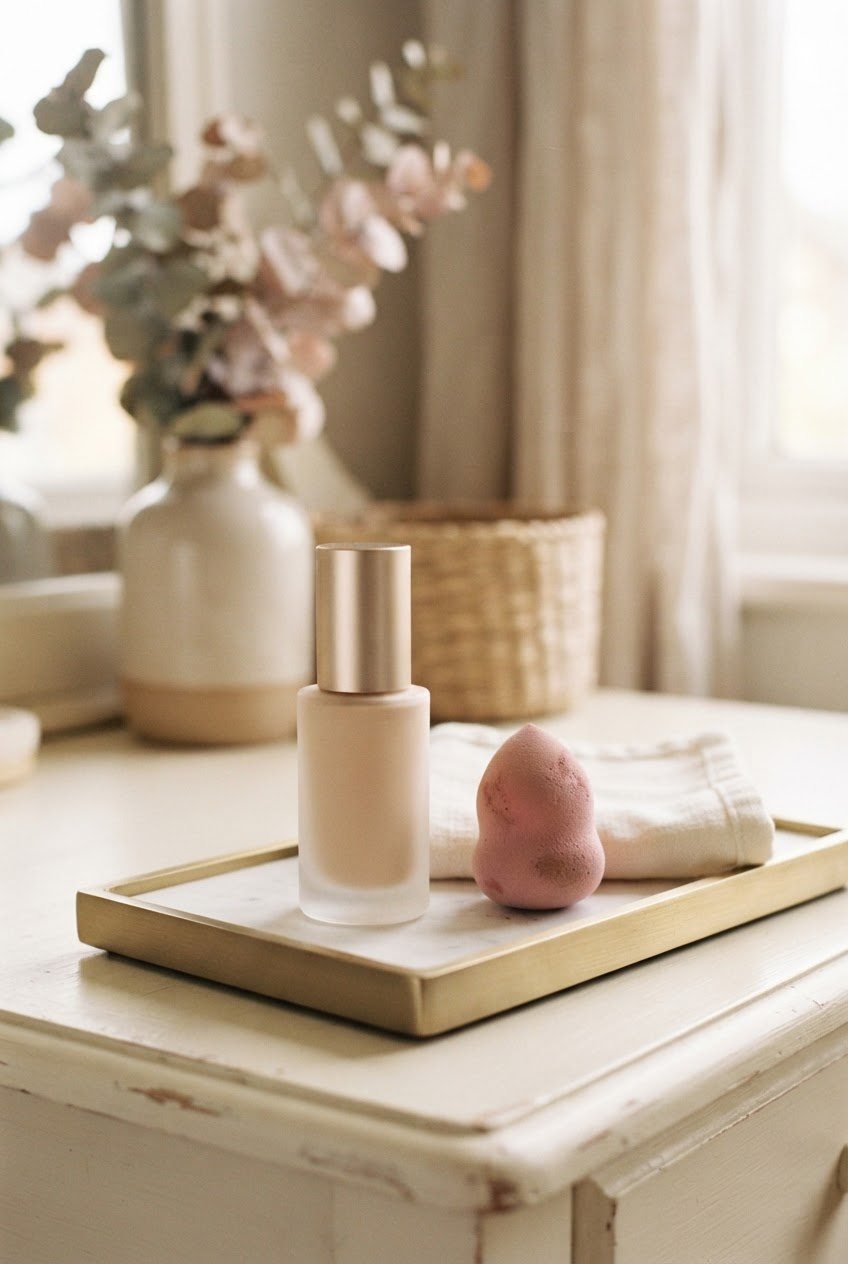 Frosted glass foundation bottle, a pink makeup sponge and an ivory linen cloth on a white vanity tray