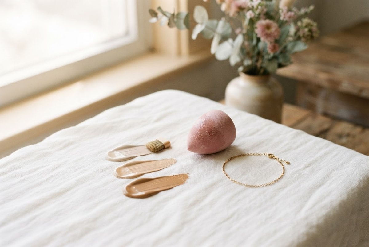 Three foundation swatches on a white cotton cloth beside a pink makeup sponge and a gold bracelet in soft window light