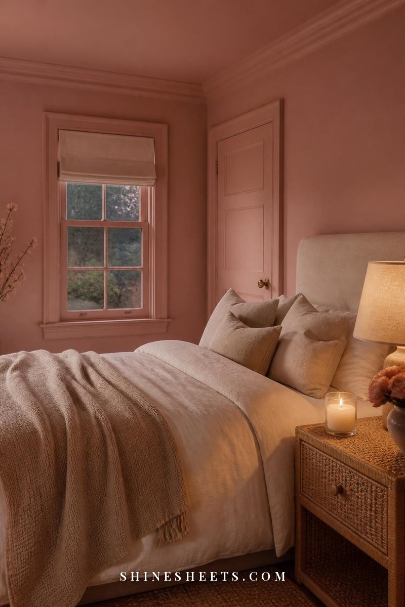 Color-drenched small bedroom in soft blush with matching walls, trim and ceiling, a cream linen bed and warm lamplight
