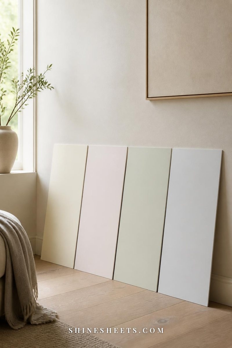 Four large painted sample boards in slightly different warm and cool whites leaning against a pale wall in soft daylight