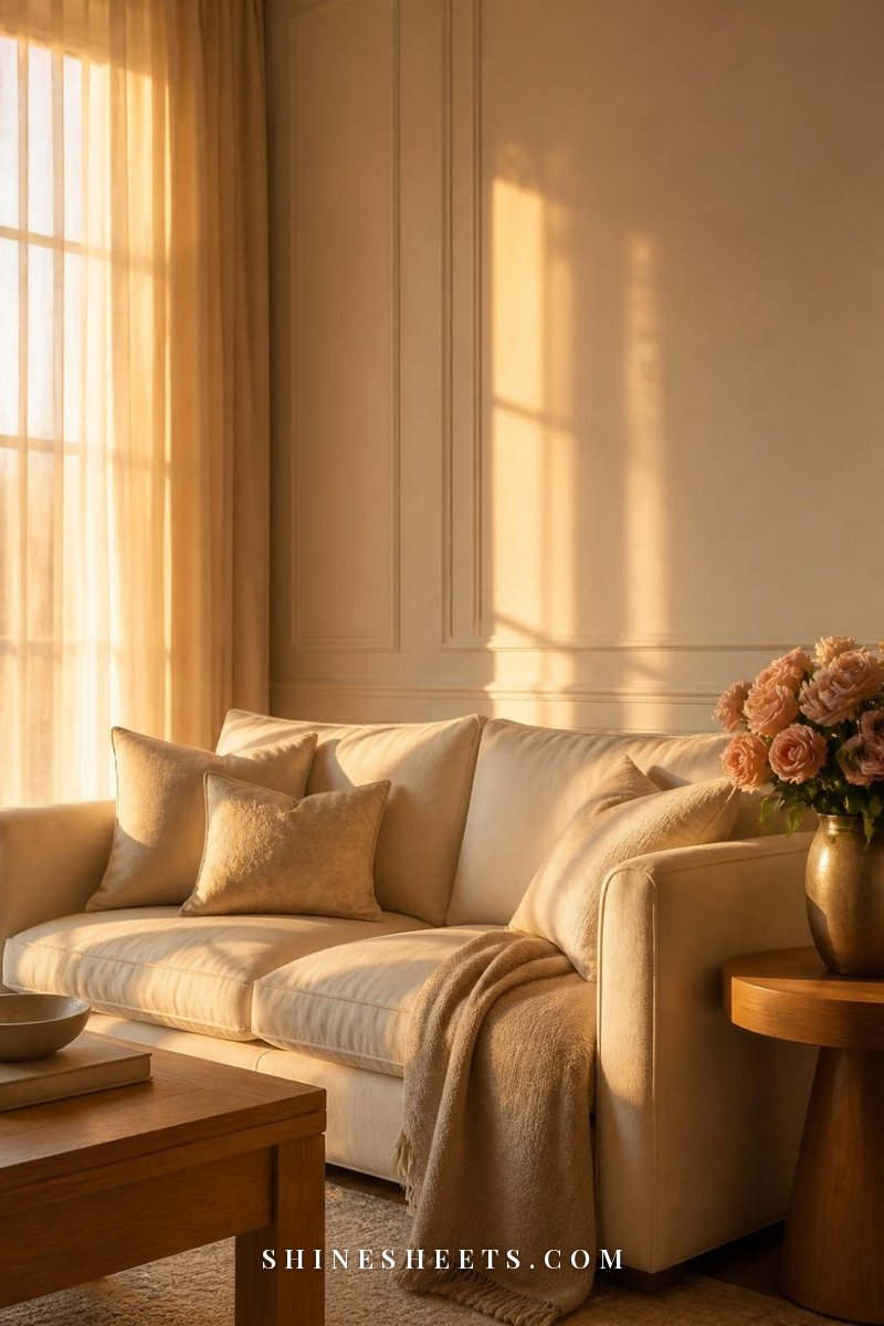Sunlit living room with soft warm white walls, a cream linen sofa and golden afternoon light streaming through sheer curtains