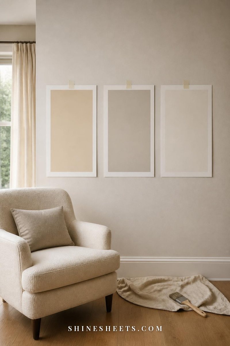 Three large painted sample sheets in soft beige, greige and warm white taped to a living room wall with painter's tape