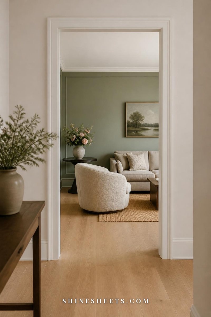 View through an open doorway from a warm white hallway into a soft sage living room with cream furniture and oak floors
