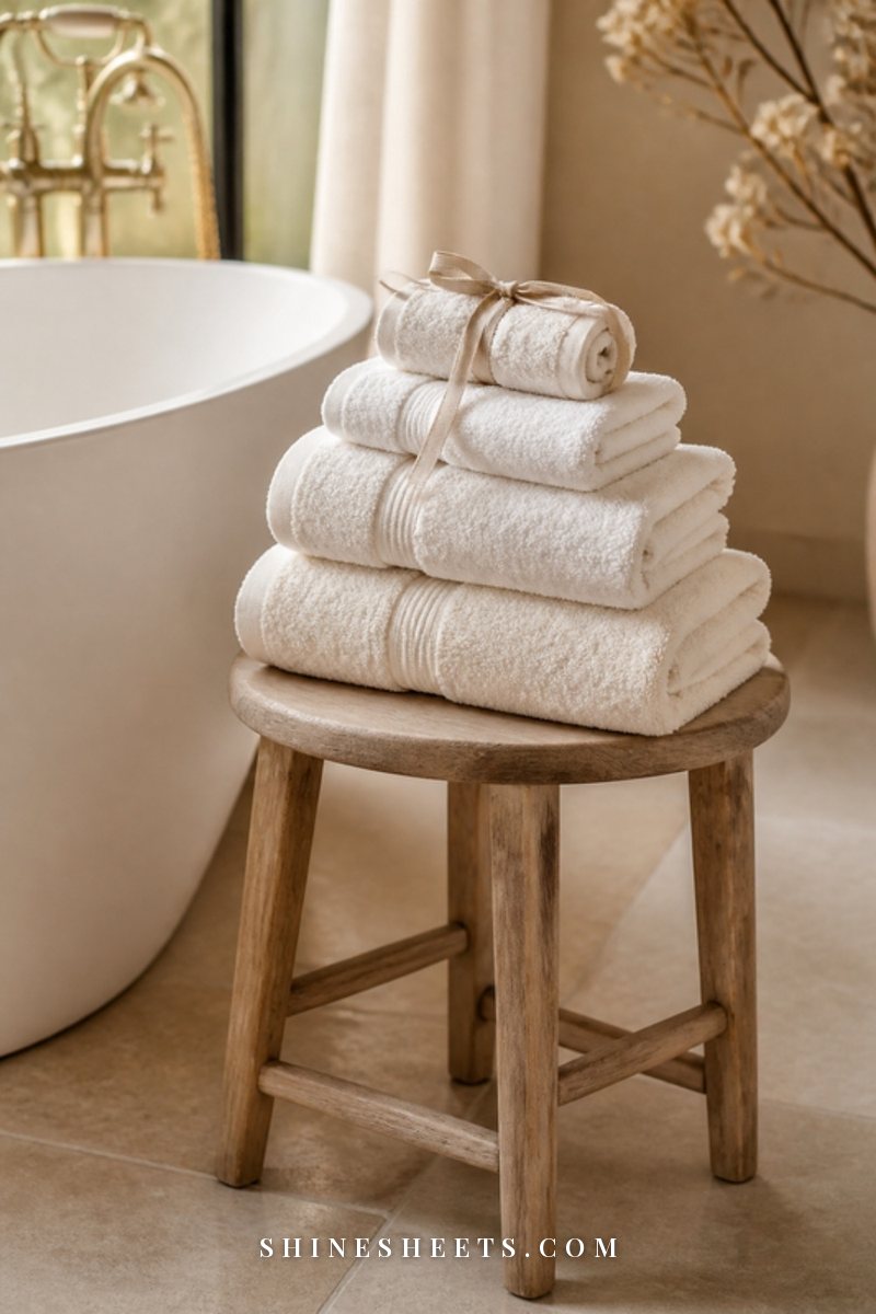 A bright white freestanding bathtub in an elegant cream bathroom with a folded towel and soft daylight