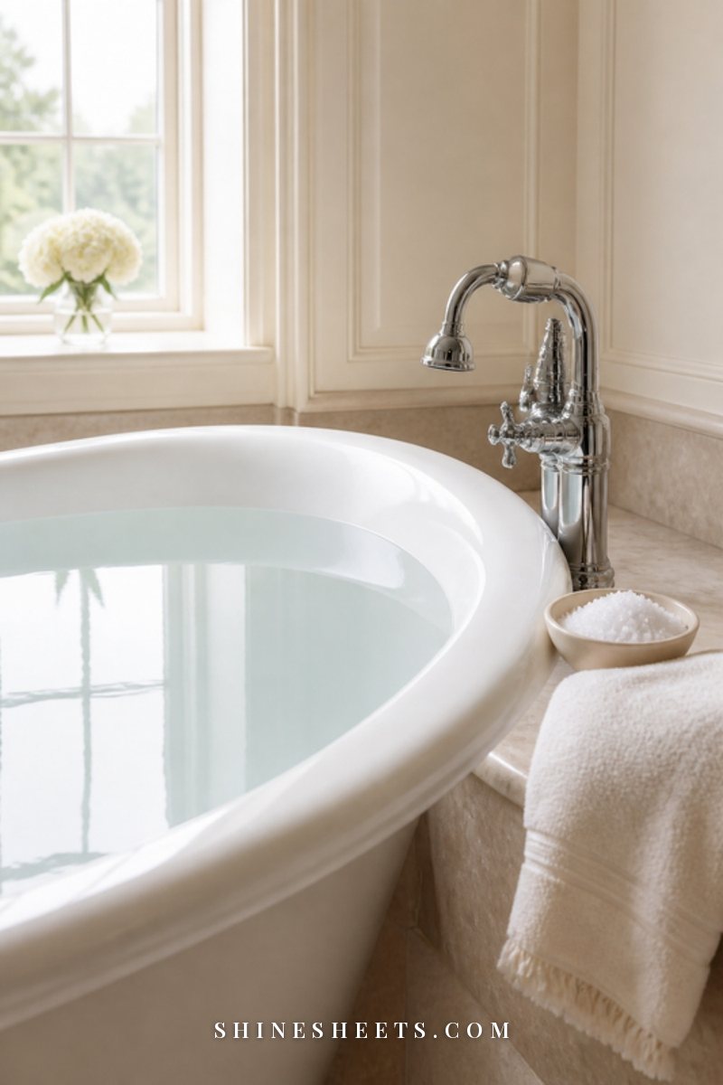 A clean white bathtub filled with clear water and a folded cream towel on the edge, bright window light