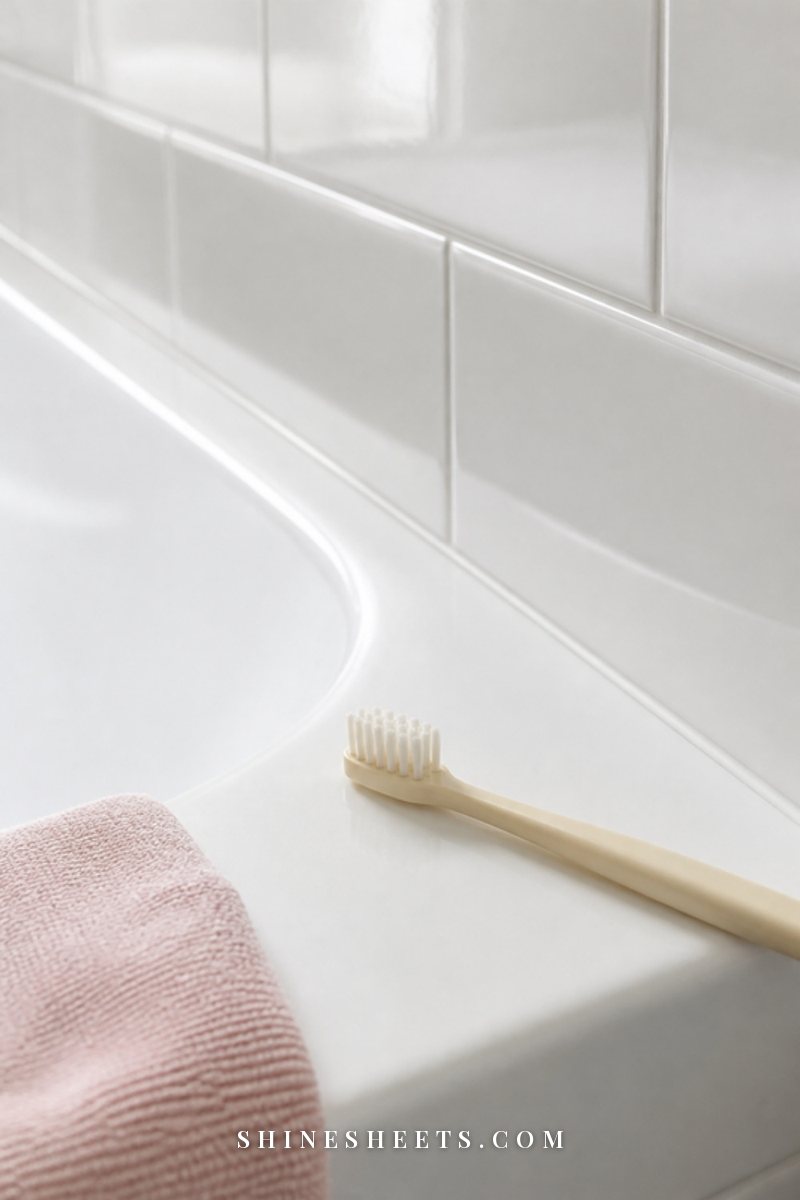 Close-up of clean white tile and fresh white caulk along a bathtub edge with a soft toothbrush resting on the rim