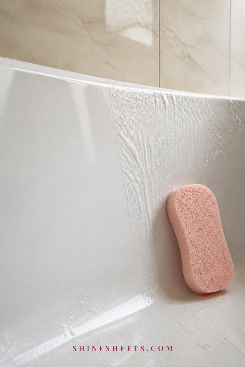 Close-up of a white acrylic bathtub wall being wiped smooth with a blush pink sponge, soft bathroom light
