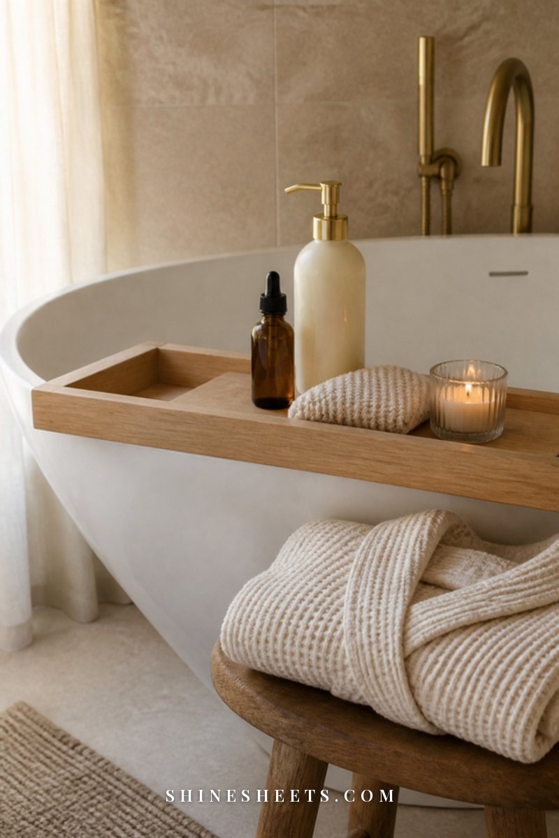 A cream bathroom with a clean white tub, a folded towel, a glass candle and a white squeegee hanging on the wall