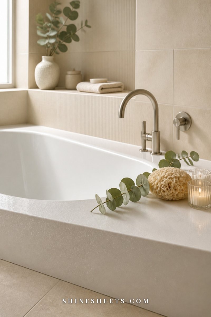 A gleaming white bathtub with a soft cream sponge resting on the rim and a sprig of eucalyptus in a cream bathroom