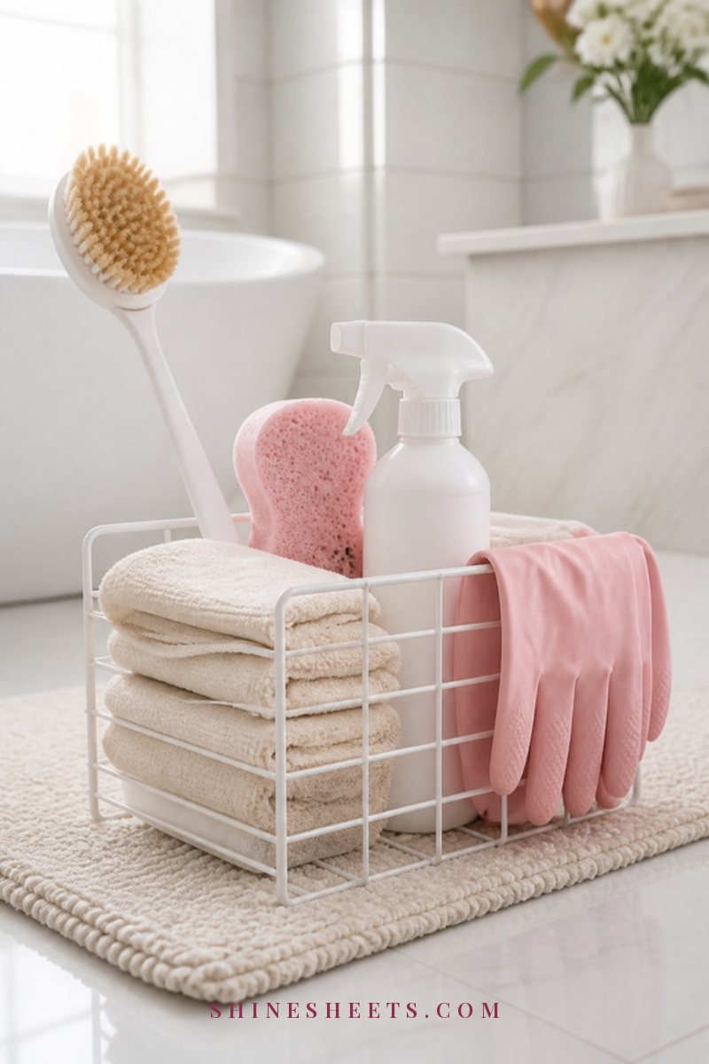 A white wire caddy with cream microfiber cloths, a soft sponge, a long-handled brush and a spray bottle on a bath mat