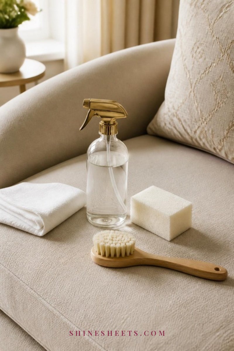 Beige microfiber sofa cushion being dabbed with a white cloth next to a clear glass spray bottle and a soft-bristled brush