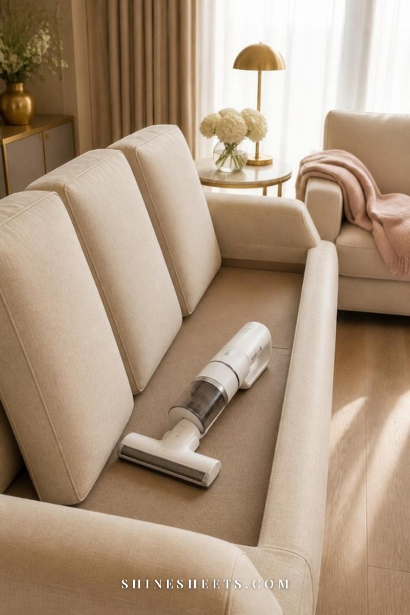 Cream linen sofa with seat cushions lifted and a white handheld vacuum with upholstery brush resting on the frame in soft daylight