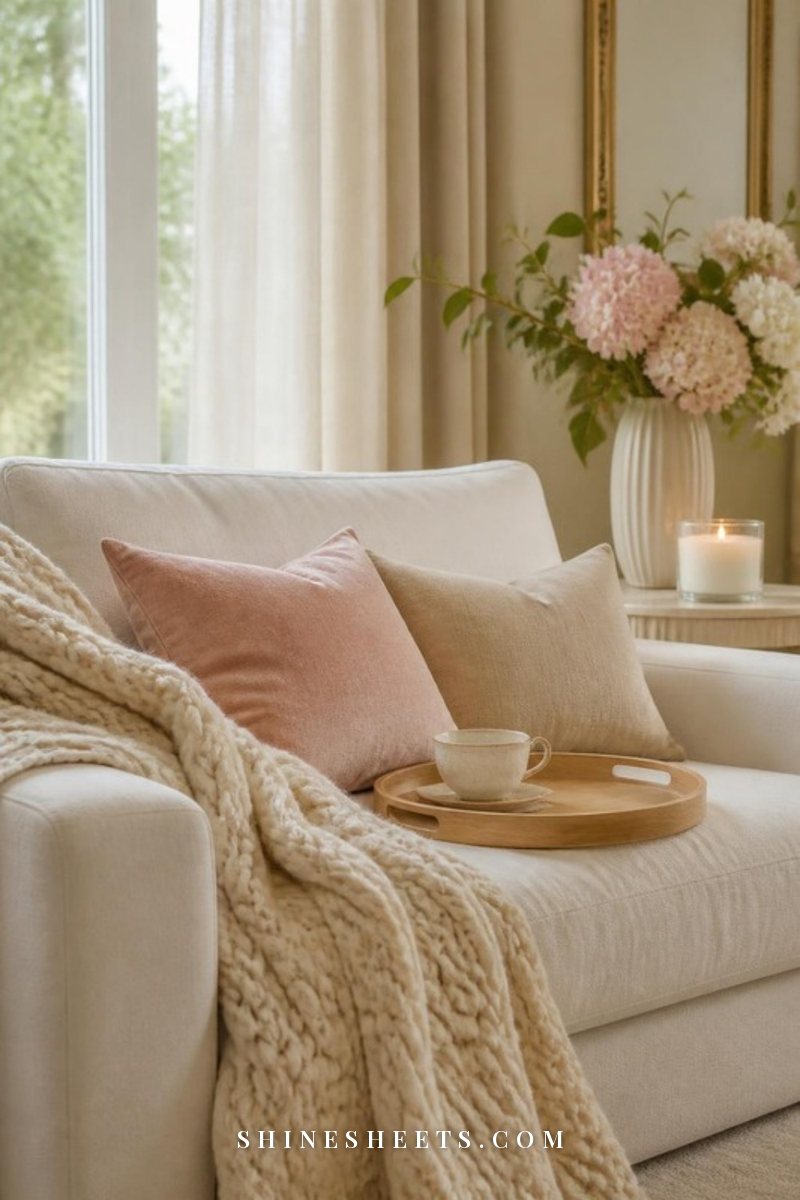 Cream sofa layered with a soft washable throw blanket and blush and beige pillows in a bright, calm living room