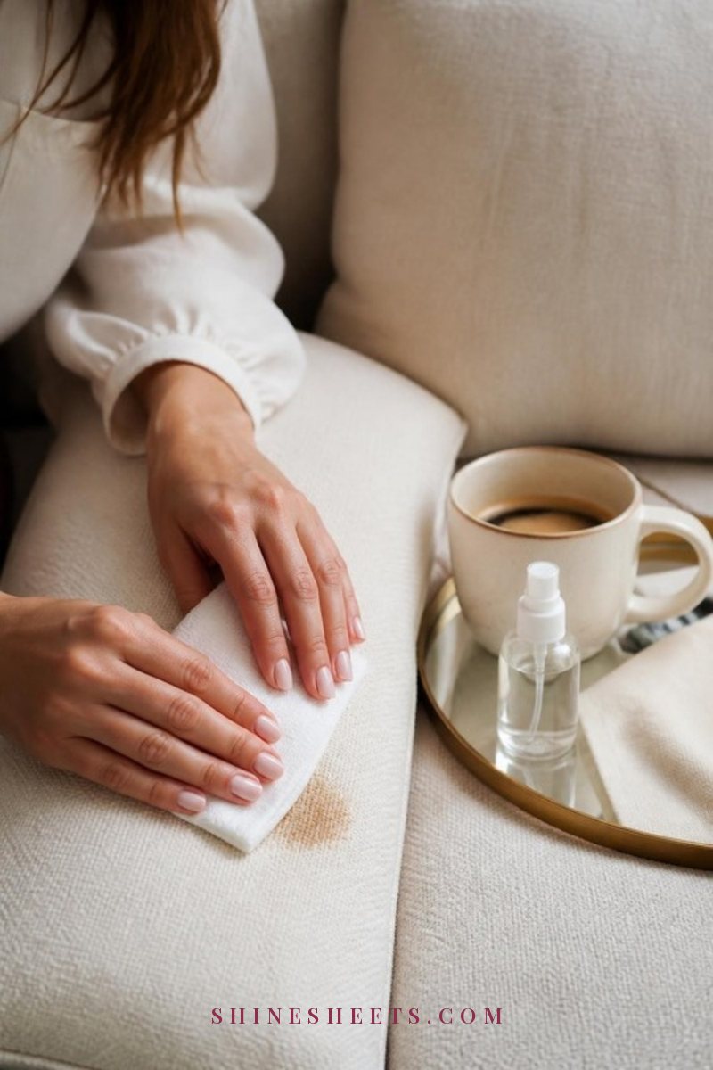 Hands blotting a small coffee spill on a cream fabric sofa cushion with a folded white microfiber cloth beside a ceramic mug