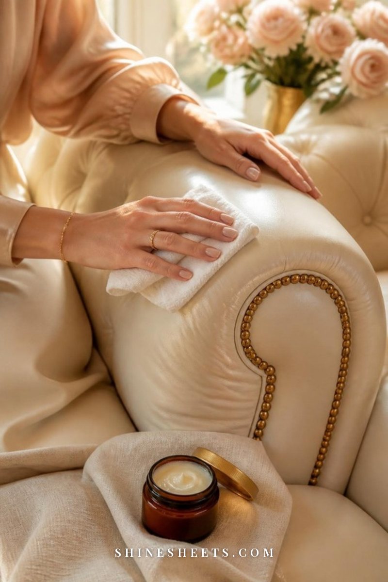 Woman's hands buffing a cream leather sofa arm with a soft white cloth next to a small jar of leather conditioner